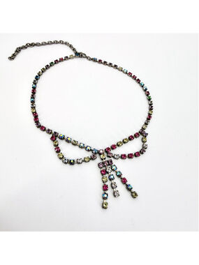 Vintage Multicolor Rhinestone Silver tone Bow Necklace 19"